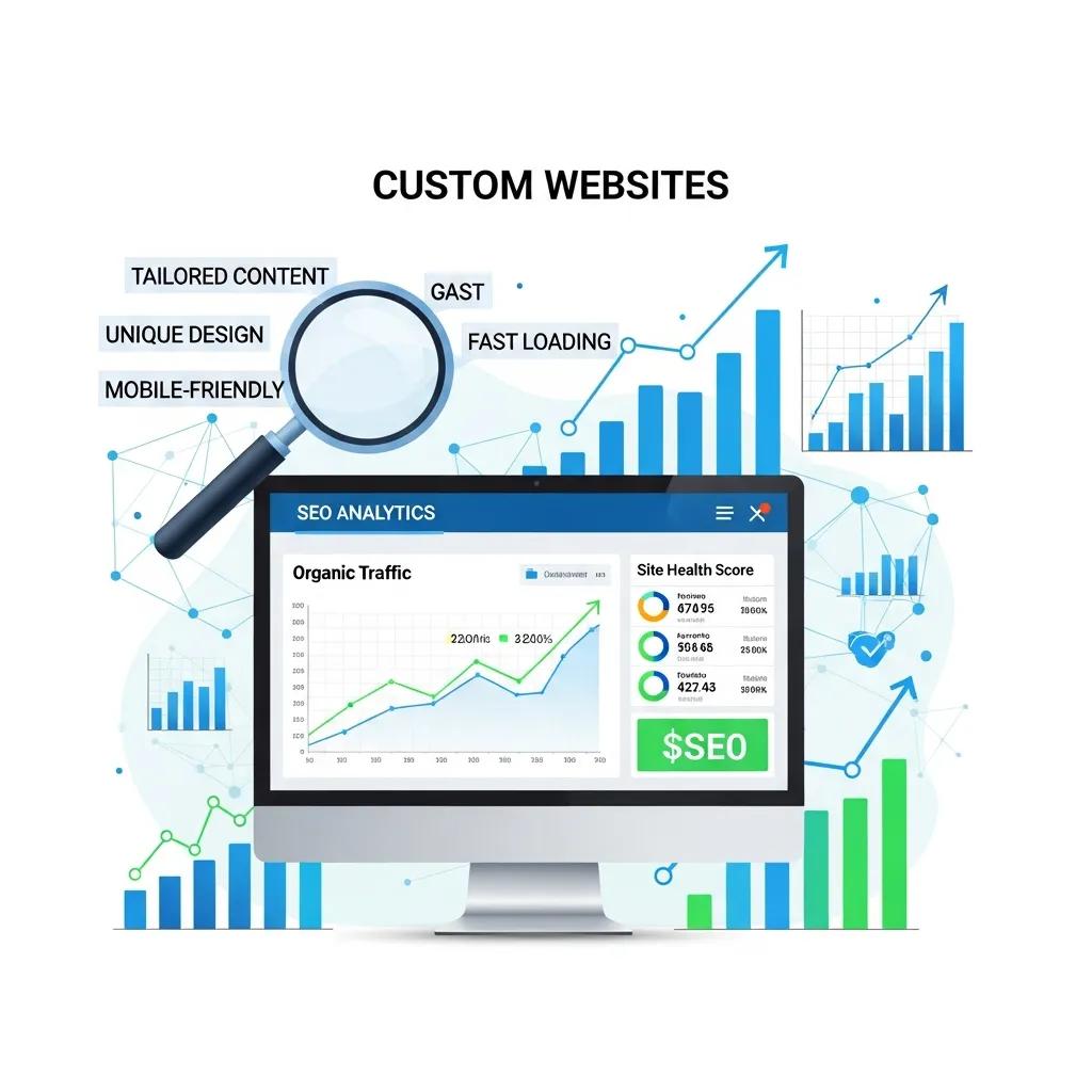 Dashboard showing SEO metrics and advantages of a custom site