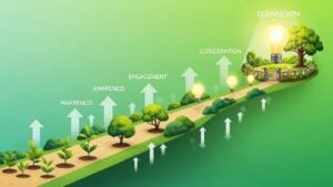 Visual metaphor of a lead nurturing funnel for landscaping businesses indicating growth paths