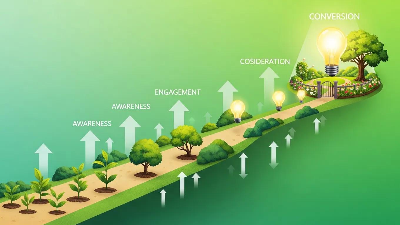 Visual metaphor of a lead nurturing funnel for landscaping businesses indicating growth paths