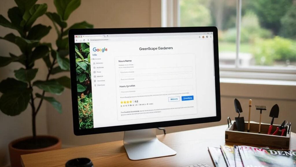 Computer screen showing Google My Business profile for a landscaping business, highlighting local SEO importance