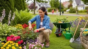 Landscaper working on a garden, showcasing local landscaping expertise and vibrant greenery