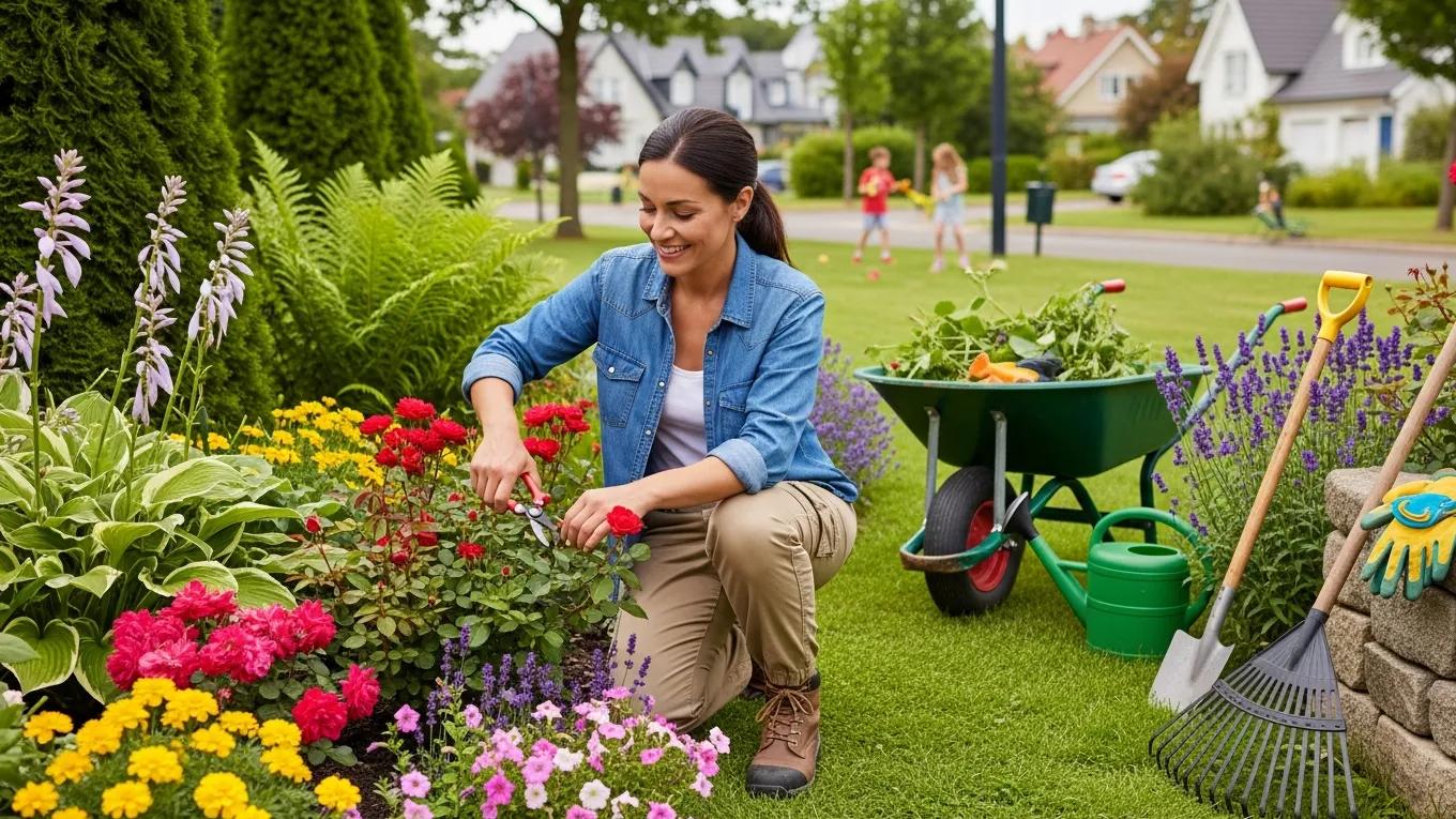 Landscaper working on a garden, showcasing local landscaping expertise and vibrant greenery